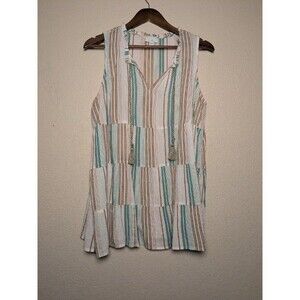 Striped Sleeveless Boho Blouse Tassel Tie Neck Prairie Coastal Petite Medium